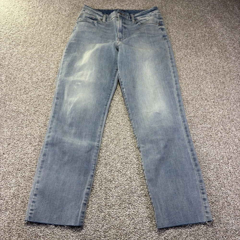 Express Straight Ankle High Rise Jeans Womens M Blue Light Wash Raw Hem Denim